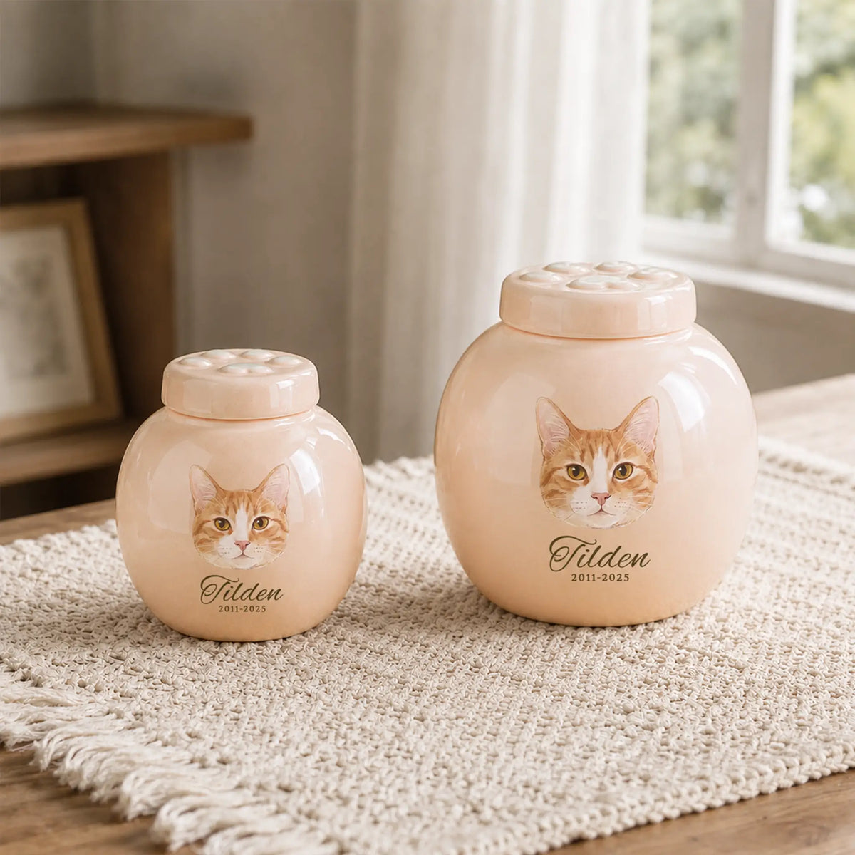 Small and medium pink paw-print cat cremation urns with a custom watercolor cat portrait, shown together on a woven table runner