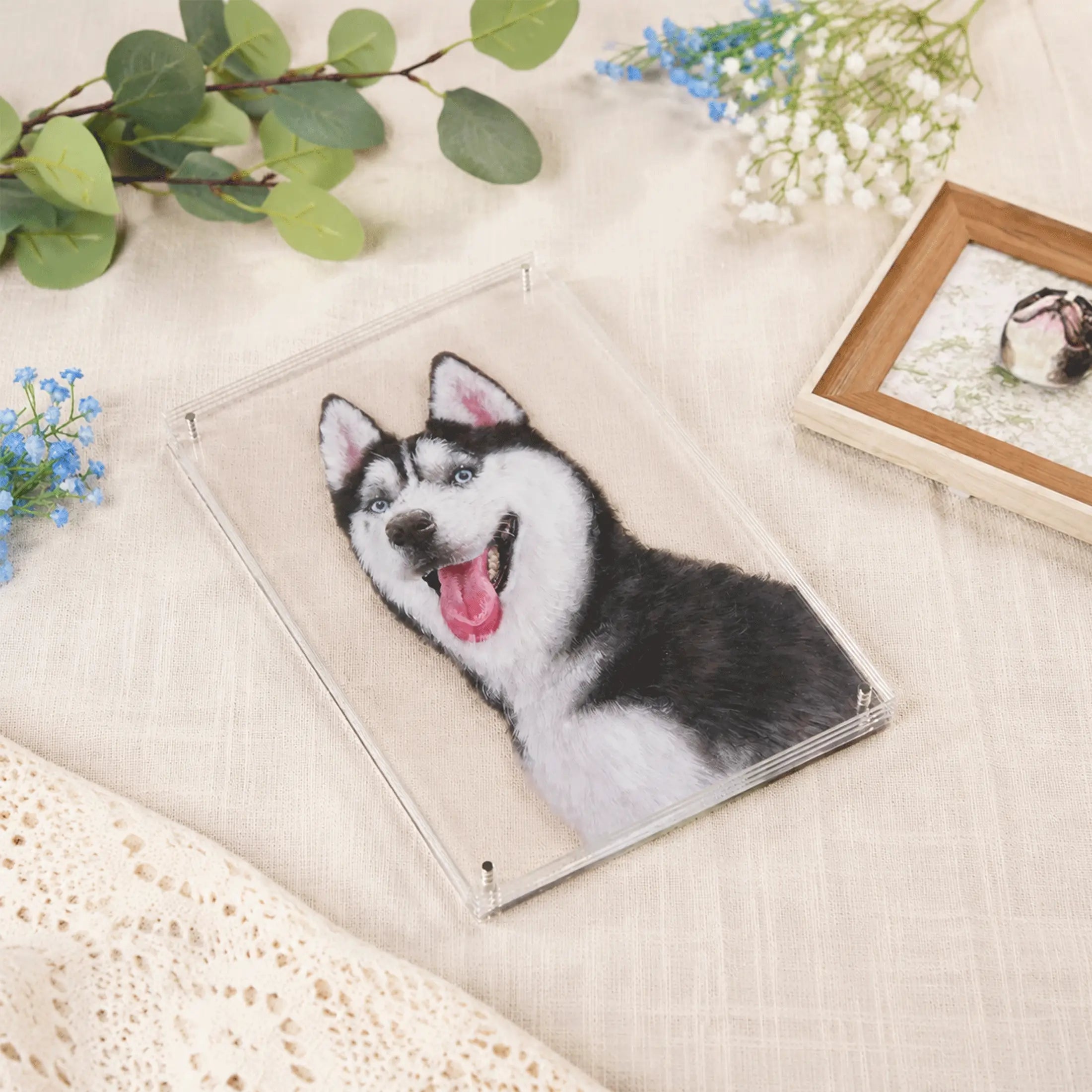Artist hand-painting a custom husky pet portrait on acrylic from a photo, showing the process and finished panel