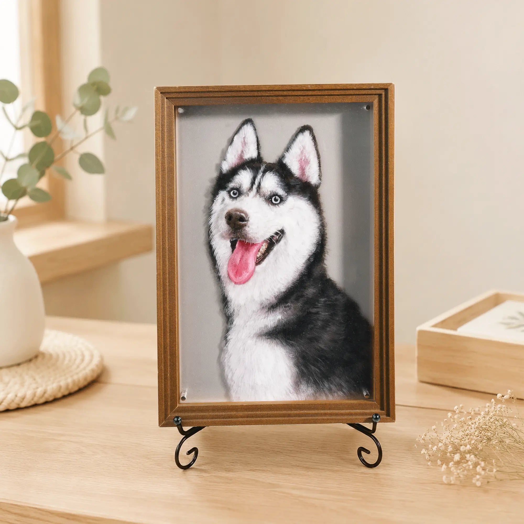 Artist hand-painting a custom husky pet portrait on acrylic from a photo, showing the process and finished panel