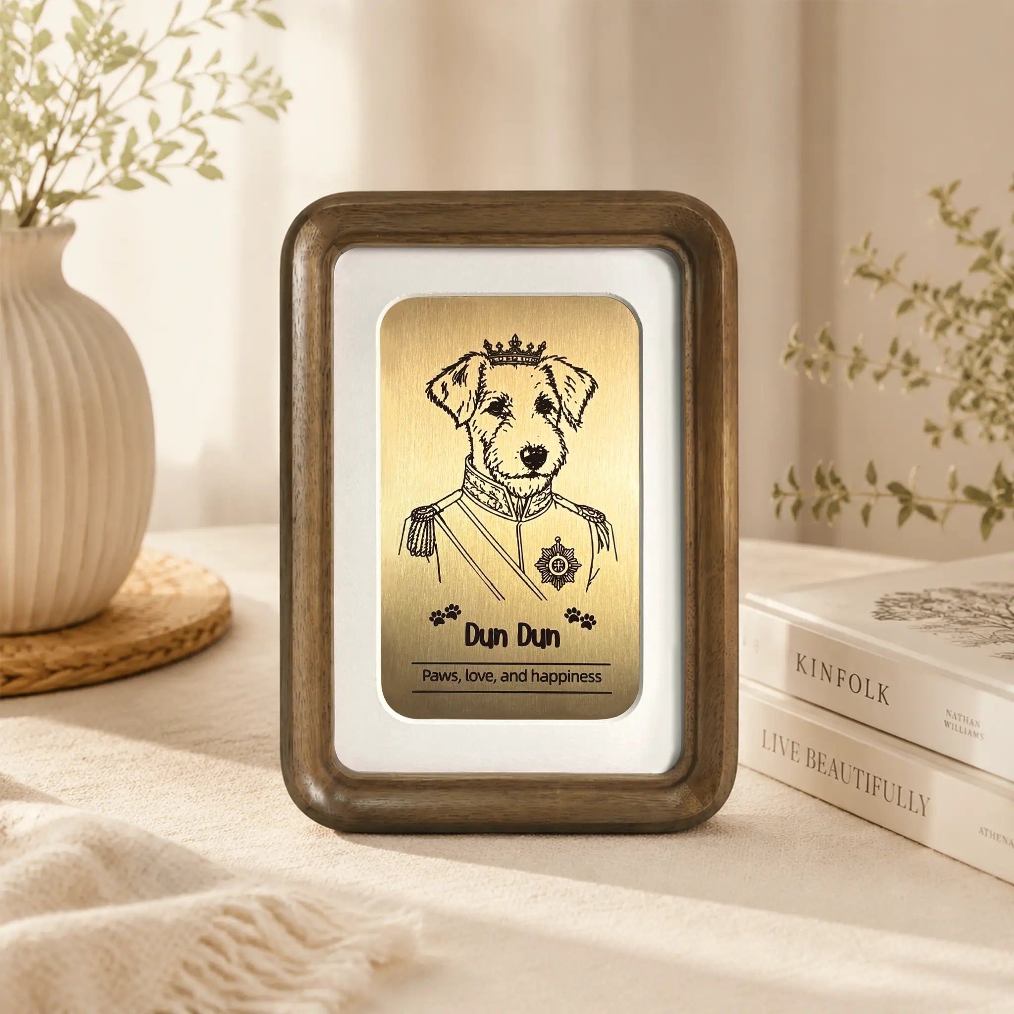 Royal style pet portrait with crown and military uniform laser engraved on brass in a walnut frame