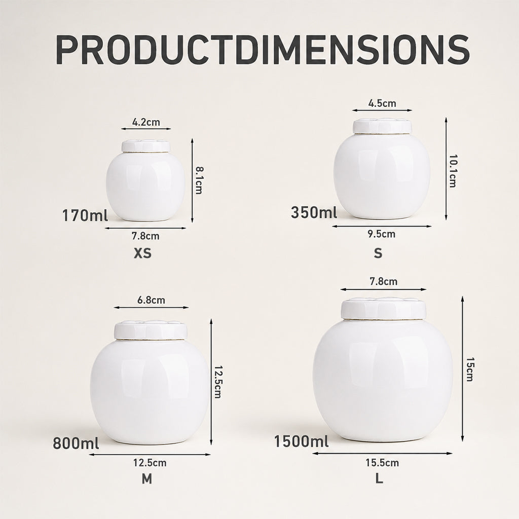 Dog cremation urn size chart comparing all available sizes from XS to L with measurements