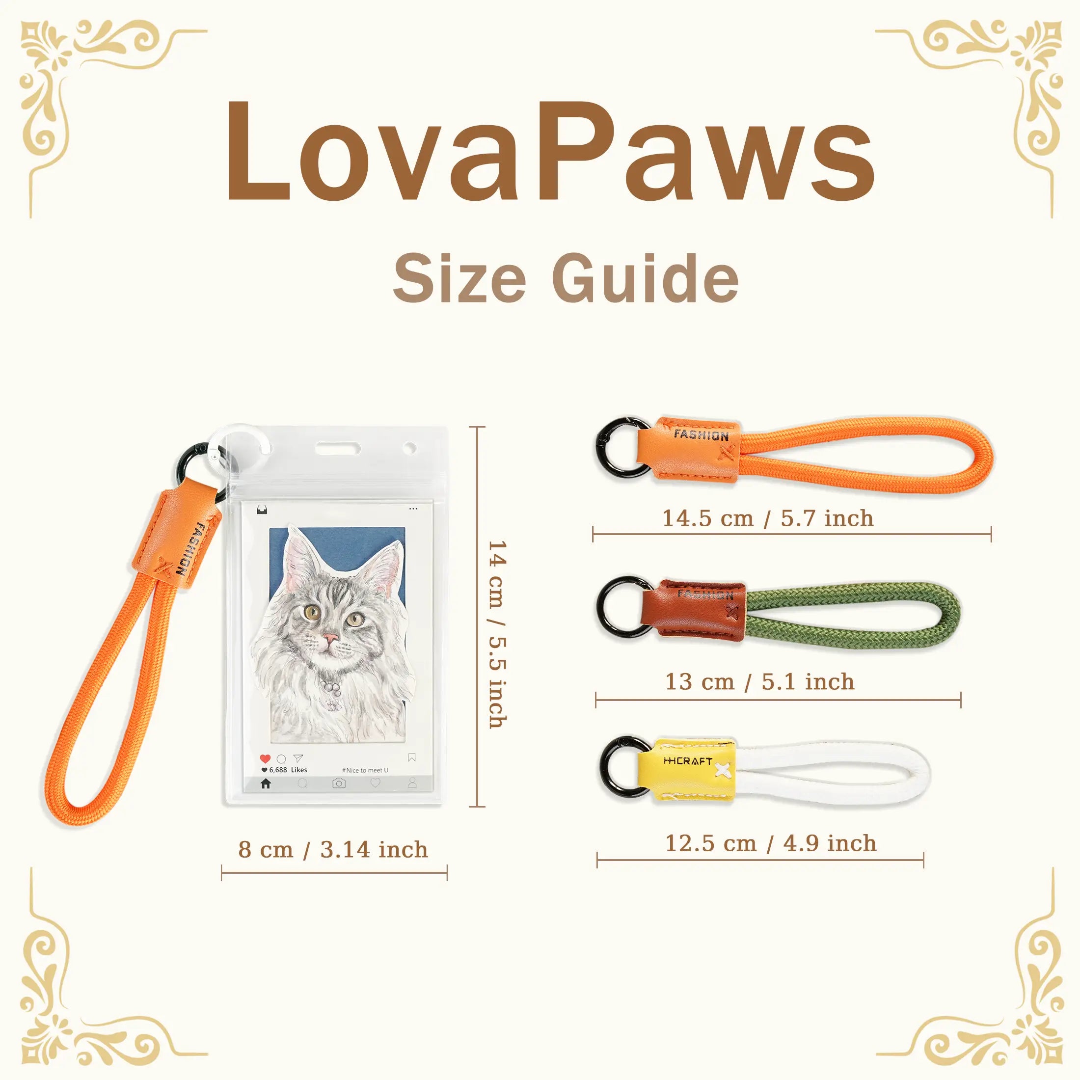 LovaPaws custom cat portrait keychain size guide with 8 by 14 cm sleeve and strap lengths