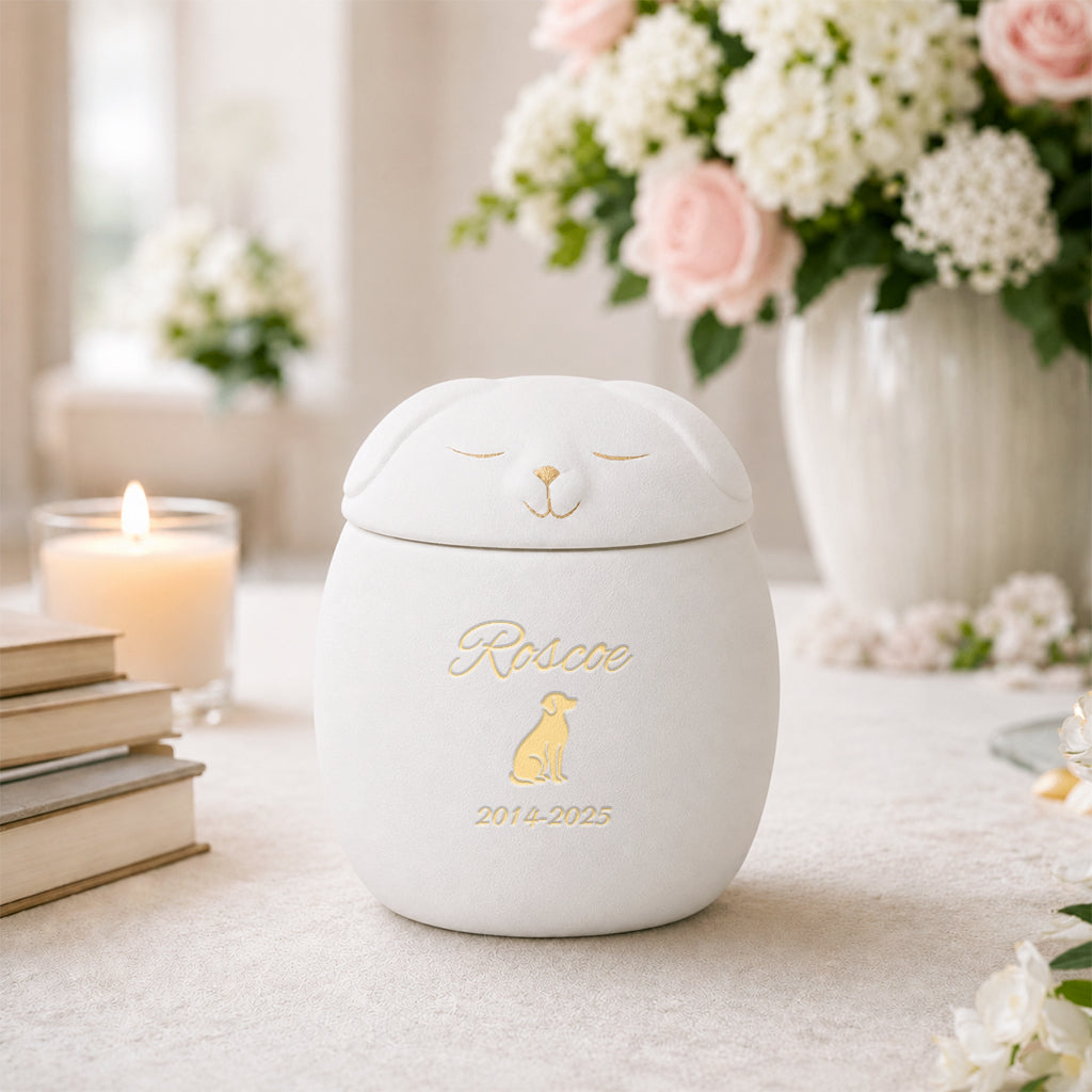 White ceramic dog-shaped cremation urn with personalized name printed on the body