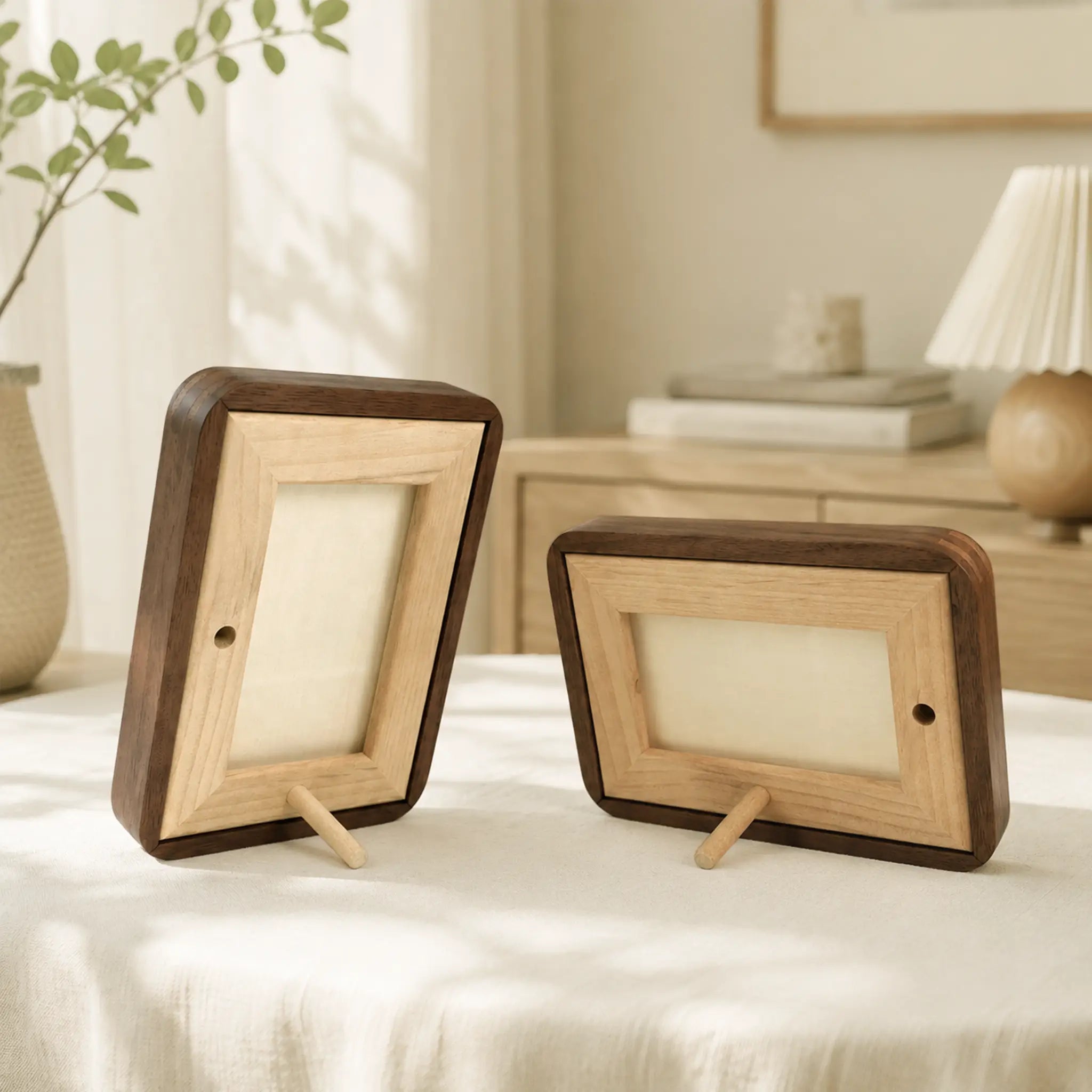 Back of the walnut pet portrait frame with easel stand, shown standing in both portrait and landscape