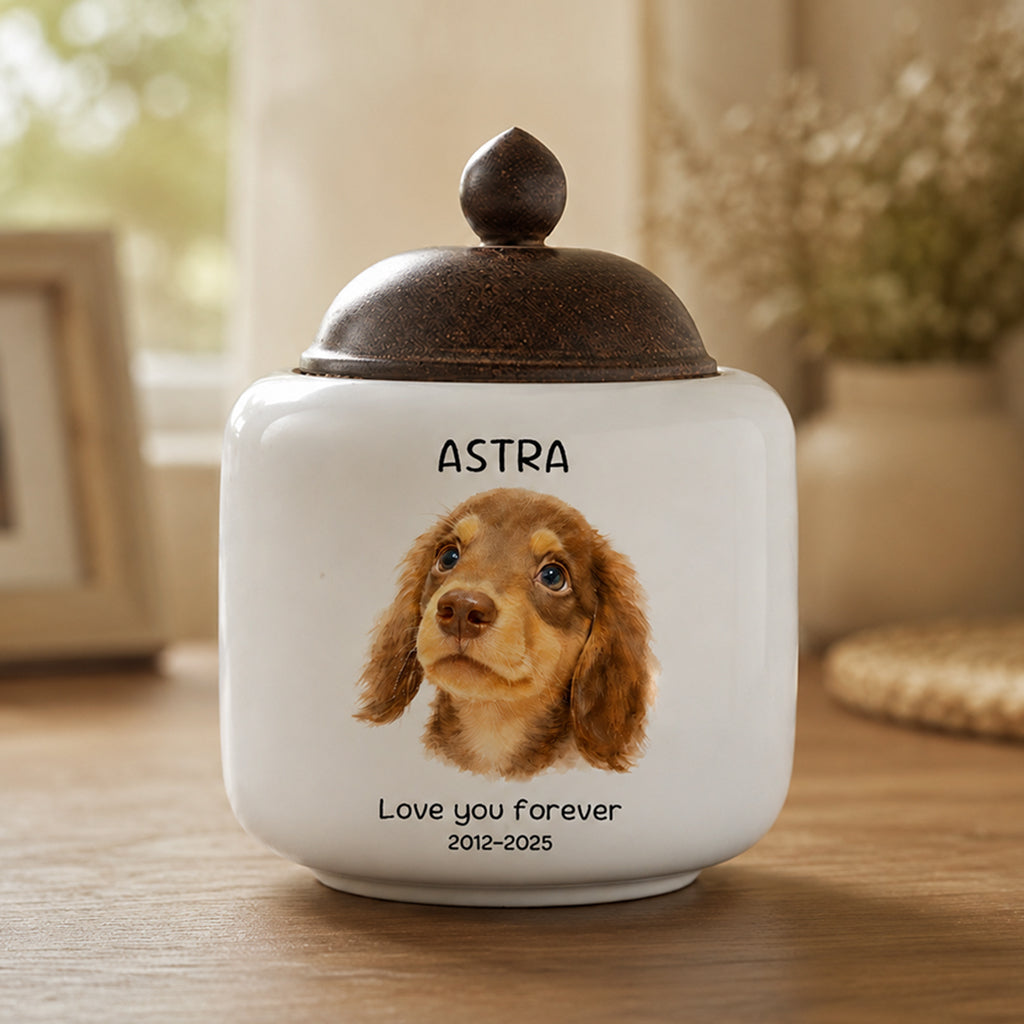Custom watercolor dog portrait cremation urn displayed on a shelf as a memorial keepsake