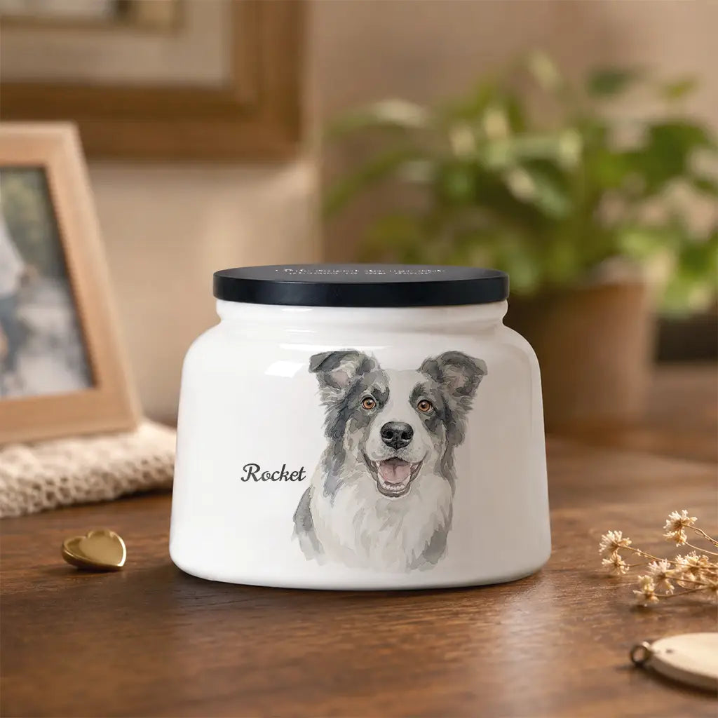 White ceramic dog urn with a hand-painted watercolor portrait and pet name printed on the front