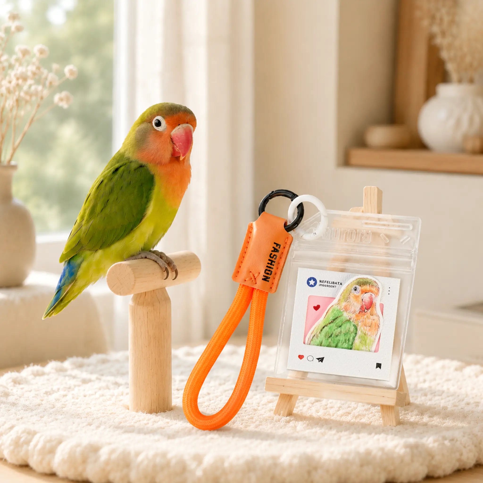 Close-up of a hand-painted watercolor parrot portrait keychain charm